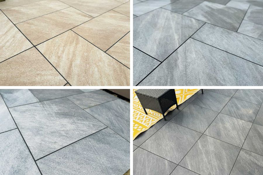 Four colour styles of Bradstone Mode textured porcelain paving slabs